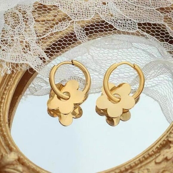Jewelry - 18K Gold Plated Hoop Earrings Charm Geometric Flower Earrings